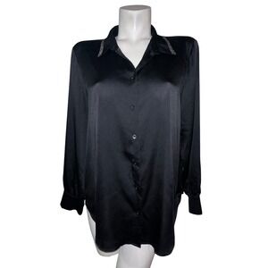 Chico's Black Satin Button Up Shirt Glitter Collar Long Sleeve Women's Size 14